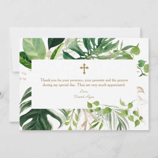 Tropische Foliage Gold Cross Boy Taufe Dankeskarte (Rückseite)