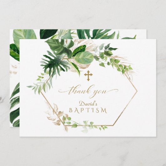 Tropische Foliage Gold Cross Boy Taufe Dankeskarte (Vorne/Hinten)
