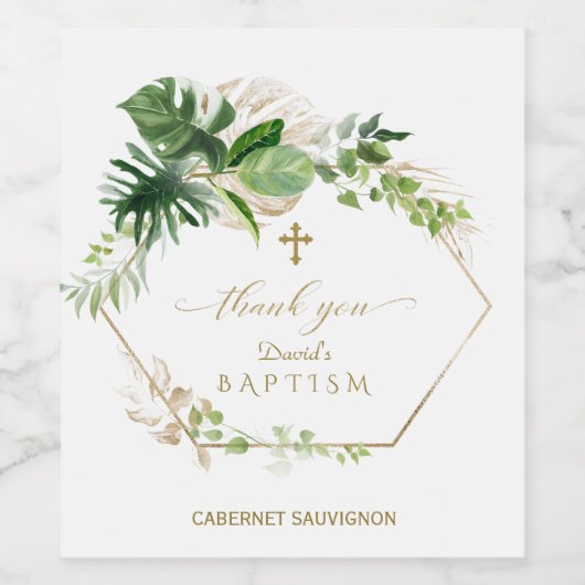 Tropische Foliage Gold Cross Boy Taufe Weinetikett (Einzelnes Label)