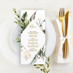 Tropische Foliage Hochzeit Gold und Grün Menükarte<br><div class="desc">Auf der Hochzeitskarte finden Sie Blätter aus Aquarellpalmen,  Bananen-Blätter,  exotische tropische Blätter und Imitate mit goldenen Blätter mit einem Imitat goldenen Rahmen in Form von Diamanten. Es ist perfekt für einen tropischen,  Strand,  Sommer oder Hochzeit in Urlaubsort.</div>