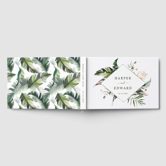 Tropische Foliage Hochzeit Grün & Gold Gästebuch (Voll)