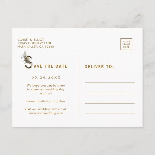 Tropische Foliage Hochzeit speichern das Datum Gol Ankündigungspostkarte (Rückseite)