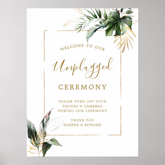 Tropische Foliage Unplugged Wedding Zeremony Sign Poster (Vorne)