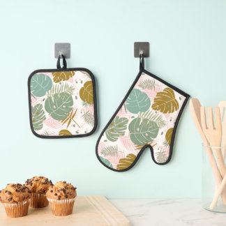 Tropische Folien - Muster aus Monstera und Palmblä Ofenhandschuh & Topflappen-Set