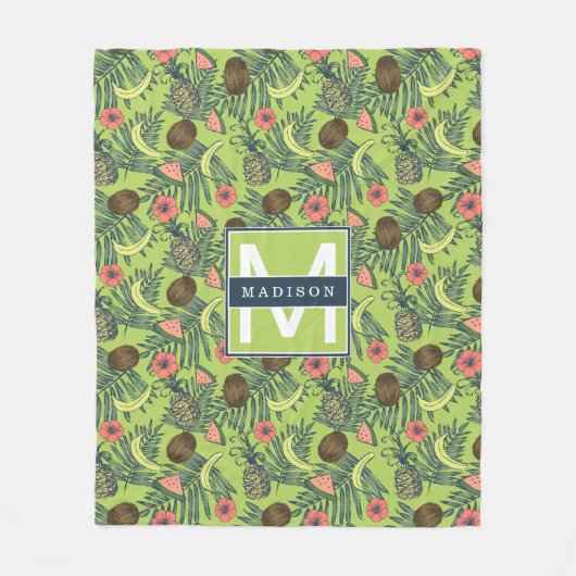 Tropische Frucht-Skizze auf grünem Muster Fleecedecke (Vorderseite)