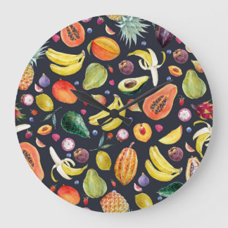 Tropische Früchte: Aquarellfarben, Muster aus Mult Große Wanduhr