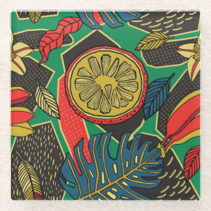 Tropische Früchte, Blätter, doodle Blumenmuster. Glasuntersetzer