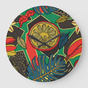 Tropische Früchte, Blätter, doodle Blumenmuster. Große Wanduhr