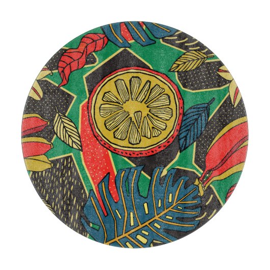 Tropische Früchte, Blätter, doodle Blumenmuster. Schneidebrett (Vorderseite)