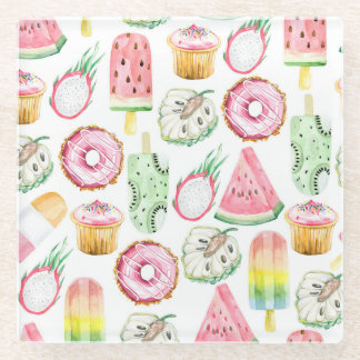 Tropische Früchte in Aquarellfarbe, Eis-Muster. Glasuntersetzer