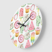 Tropische Früchte in Aquarellfarbe, Eis-Muster. Große Wanduhr (Winkel)