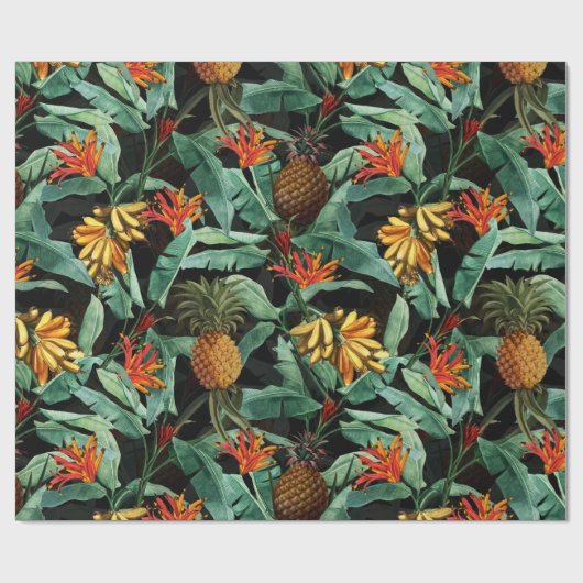 Tropische Früchte und Blume-Dschungel auf Schwarz Geschenkpapier (Flach)