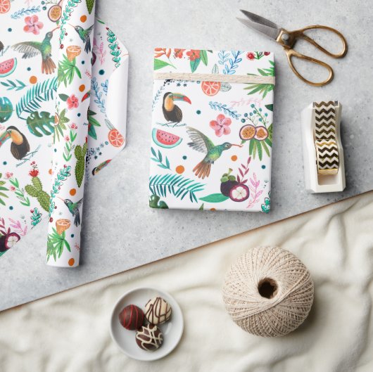 tropische Früchte und Vögel Geschenkpapier (Kunsthandwerk)