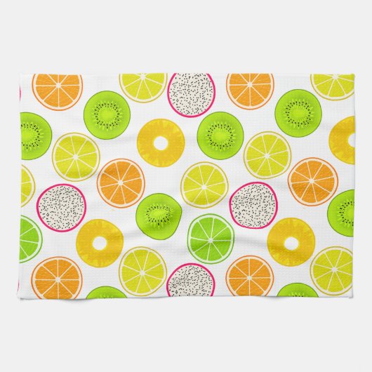 Tropische Fruchtscheiben, Zitrusfrüchte, Kiwi und Geschirrtuch (Horizontal)
