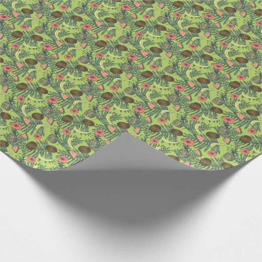 Tropische Fruchtskizze auf grünem Muster Geschenkpapier (Ecke)