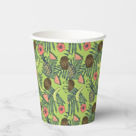 Tropische Fruchtskizze auf grünem Muster Pappbecher (Rechts)