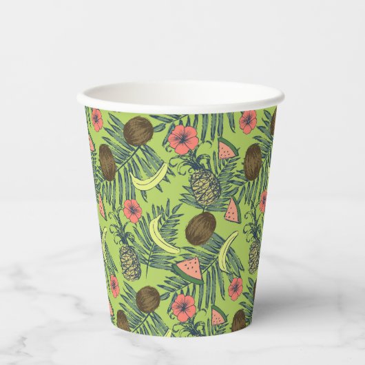 Tropische Fruchtskizze auf grünem Muster Pappbecher (Vorderseite)