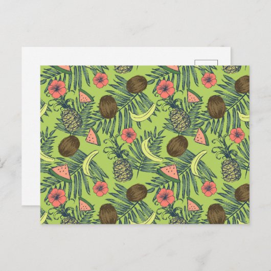 Tropische Fruchtskizze auf grünem Muster Postkarte (Vorne/Hinten)
