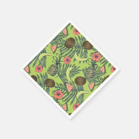 Tropische Fruchtskizze auf grünem Muster Serviette (Ecke)