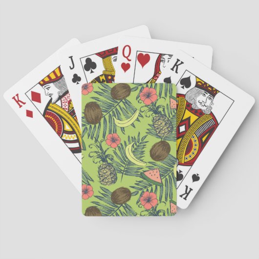 Tropische Fruchtskizze auf grünem Muster Spielkarten (Rückseite)
