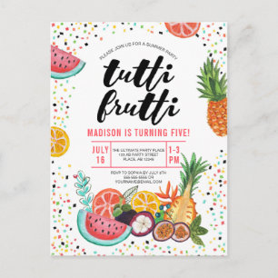 Tropische gelbe mehrfarbige Tutti-Fruti-Frucht Einladungspostkarte