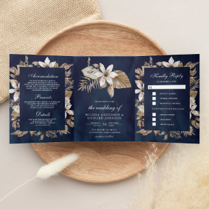 Tropische getrocknete Palmwedel Navy Blau Hochzeit Dreifach Gefaltete Einladung