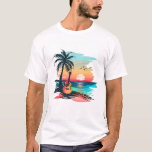 Tropische Gitarre Sonnenuntergang Strand Kunst   S T-Shirt
