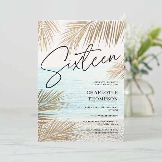 Tropische Goldpalme Strand Skript Sweet 16 Einladung (Stehend Vorderseite)