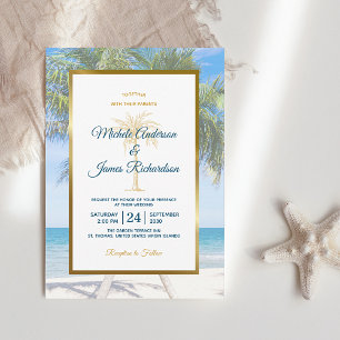 Tropische Goldpalmenstrand-Foto-Hochzeit Einladung