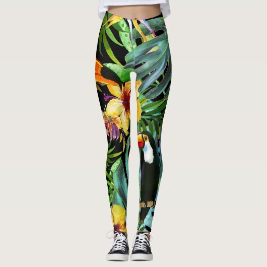 Tropische Grün-Palmblätter BlumenToucan modern Leggings (Vorderseite)