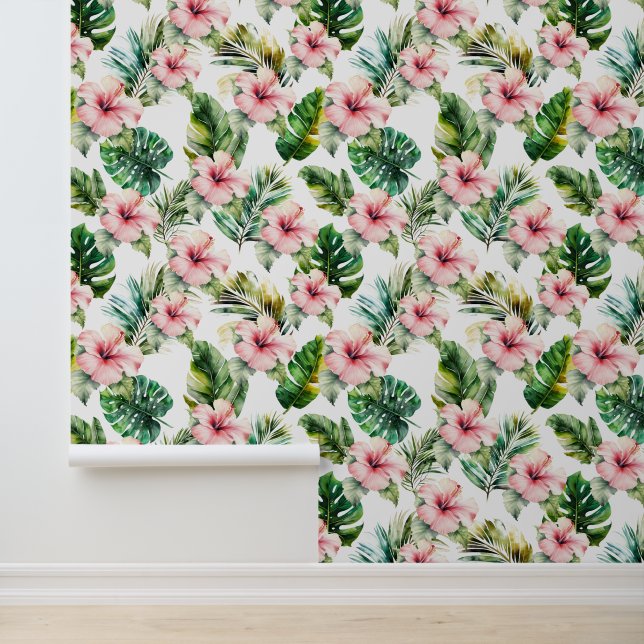 Tropische grüne Blätter Rosa Hibiskus Blume Tapete (Anwendung)