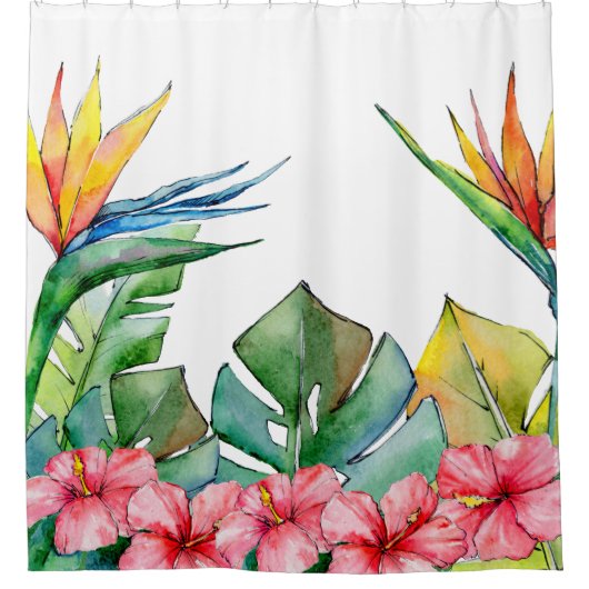 Tropische grüne Blätter Rosa Hibiskus Hawaii Duschvorhang (Vorderseite)