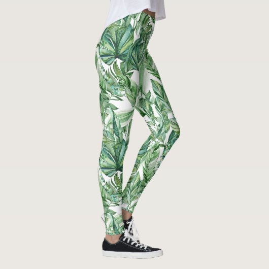 Tropische grüne Blätter Wasserfarbe Leggings (Rechts)