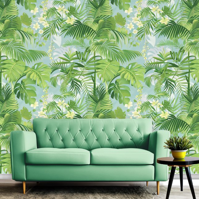 Tropische grüne Blume & Blätter Sommerstrand Tapete (Tropical Green Flowers & Leaves Summer Beach Vibes Wallpaper)