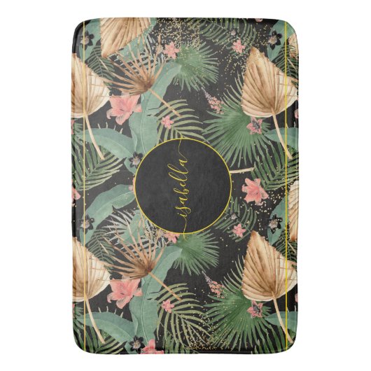 Tropische grüne Palme Blätter Monogram Black Bath Badematte (Vorderseite Vertikal)