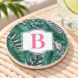 Tropische grüne Palmwedel rosa Monogramm Getränkeuntersetzer