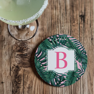 Tropische grüne Palmwedel rosa Monogramm Getränkeuntersetzer