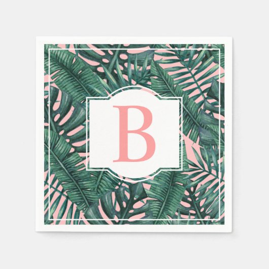 Tropische Grünpalme Blätter Korallenmonogramm Serviette (Vorderseite)