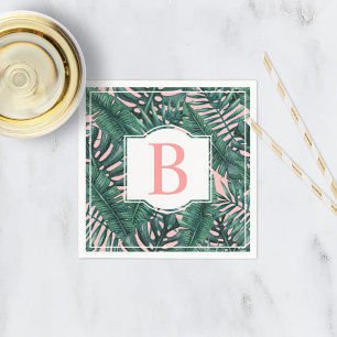 Tropische Grünpalme Blätter Korallenmonogramm Serviette