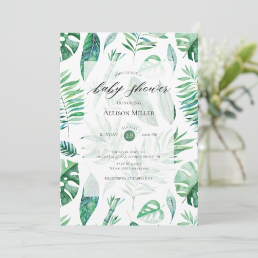 Tropische Grünpflanzen Kinderdusche Einladung (Stehend Vorderseite)