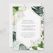 Tropische Grünpflanzen Weiße Blütendecke Hochzeit Einladung (Vorderseite)