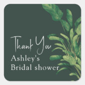 Tropische Grünschrift Palmenblatt Bridal Dank Quadratischer Aufkleber (Vorderseite)