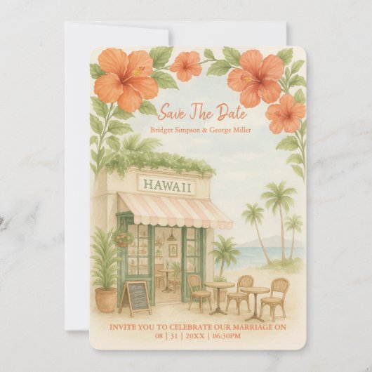 Tropische Hawaii-Hochzeit in Urlaubsort Save the D Einladung (Vorderseite)