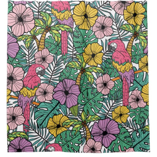 Tropische Hibiskus Blume mit Palmen, Papageien und Duschvorhang (Vorderseite)