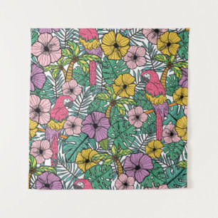 Tropische Hibiskus Blume mit Palmen, Papageien und Wandteppich