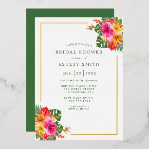 Tropische Hibiskus-Blumen-Palmwedel-Bridal-Shower Folieneinladung