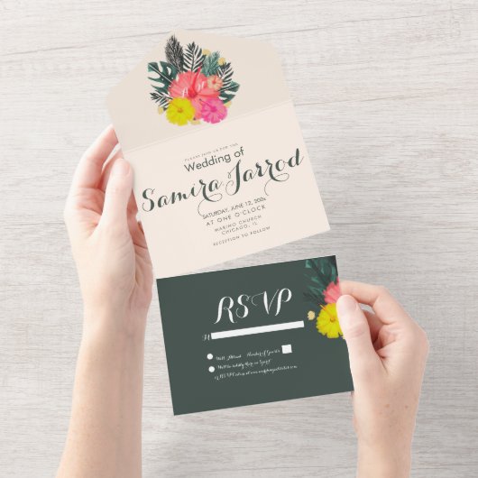 Tropische Hibiskus-Handgezeichnete Sommerhochzeit All In One Einladung (Abreißen)