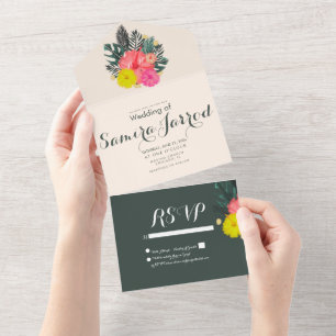 Tropische Hibiskus-Handgezeichnete Sommerhochzeit All In One Einladung