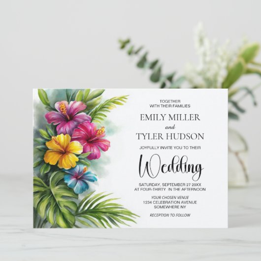 Tropische Hibiskus-Hochzeit Einladung (Stehend Vorderseite)