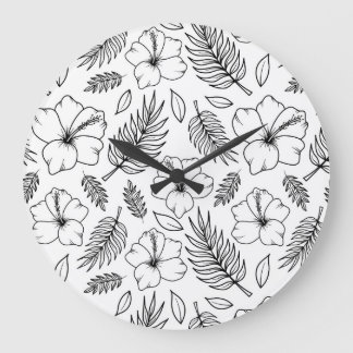 Tropische Hibiskus-Linienkunst Grafik Große Wanduhr